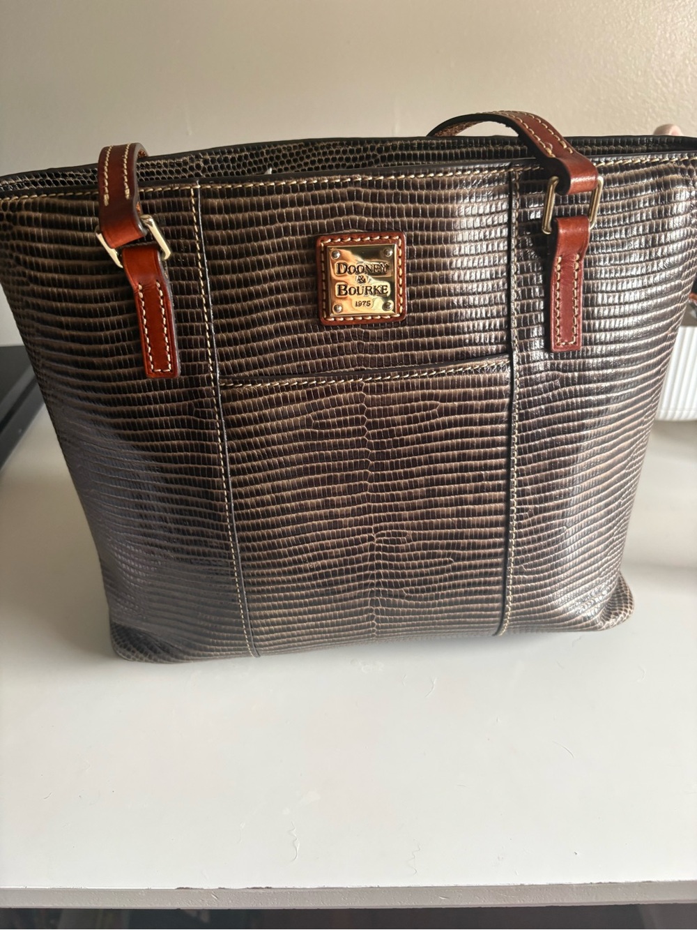 Dooney & Bourke Brown Croc-Embossed Tote with Tan Straps